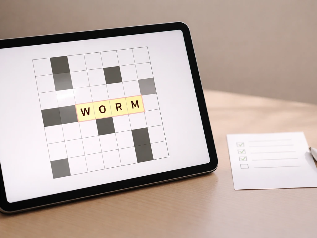 Minimal mock verification scene: crossword grid highlight showing 4-letter answer and a simple checklist