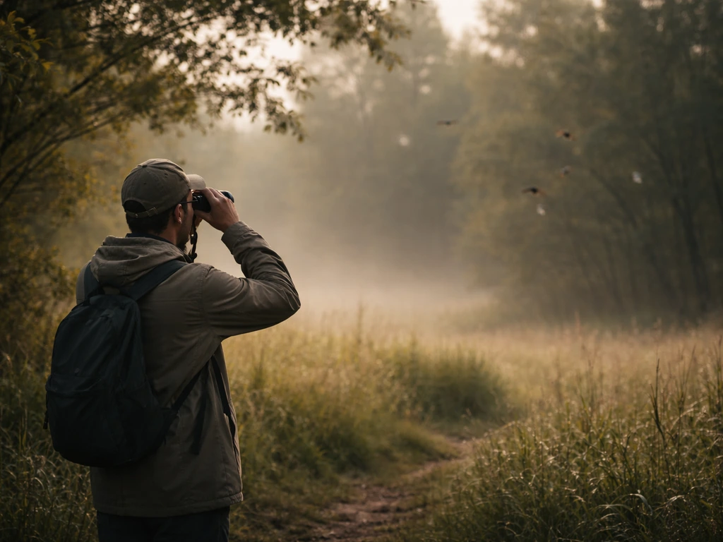 Anonymous birder with binoculars scanning a tree line with birds in the distance.