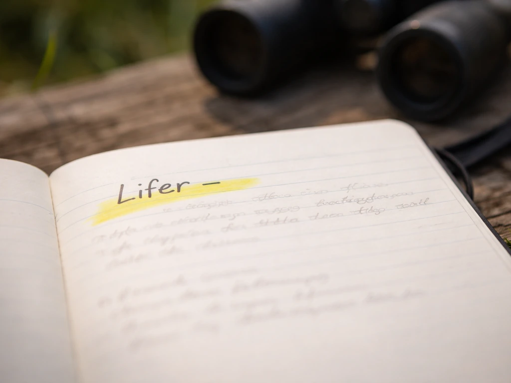 Close-up of a field notebook page with a handwritten birding slang entry and yellow highlight