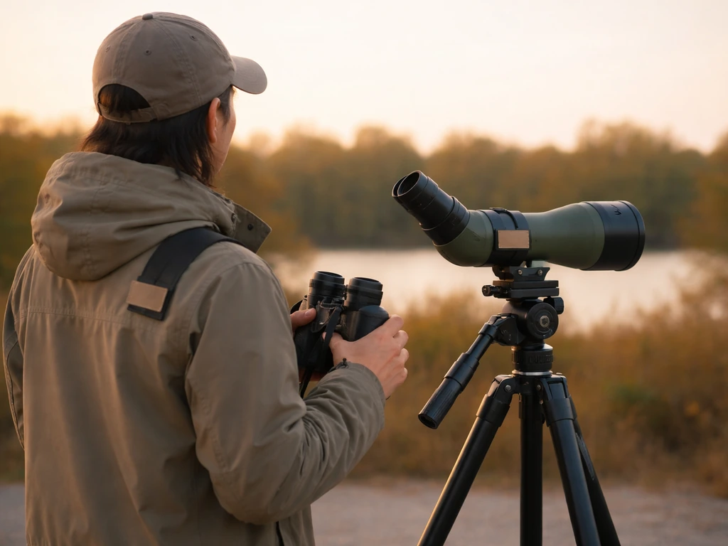 Birders at a quiet overlook use binoculars and a tripod spotting scope.