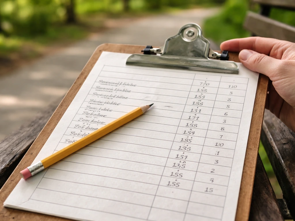 Close-up of a clipboard with a birding checklist and tally marks, showing a life list style count column.