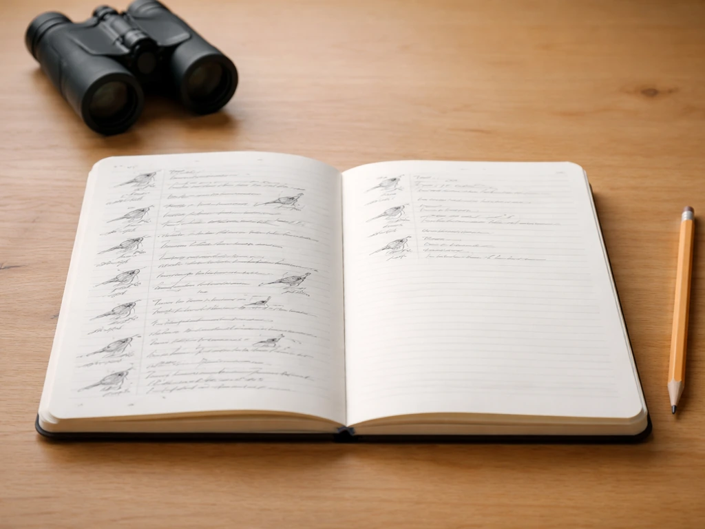 Two birding notebooks open side by side, showing complete vs incomplete checklist idea with different note coverage.