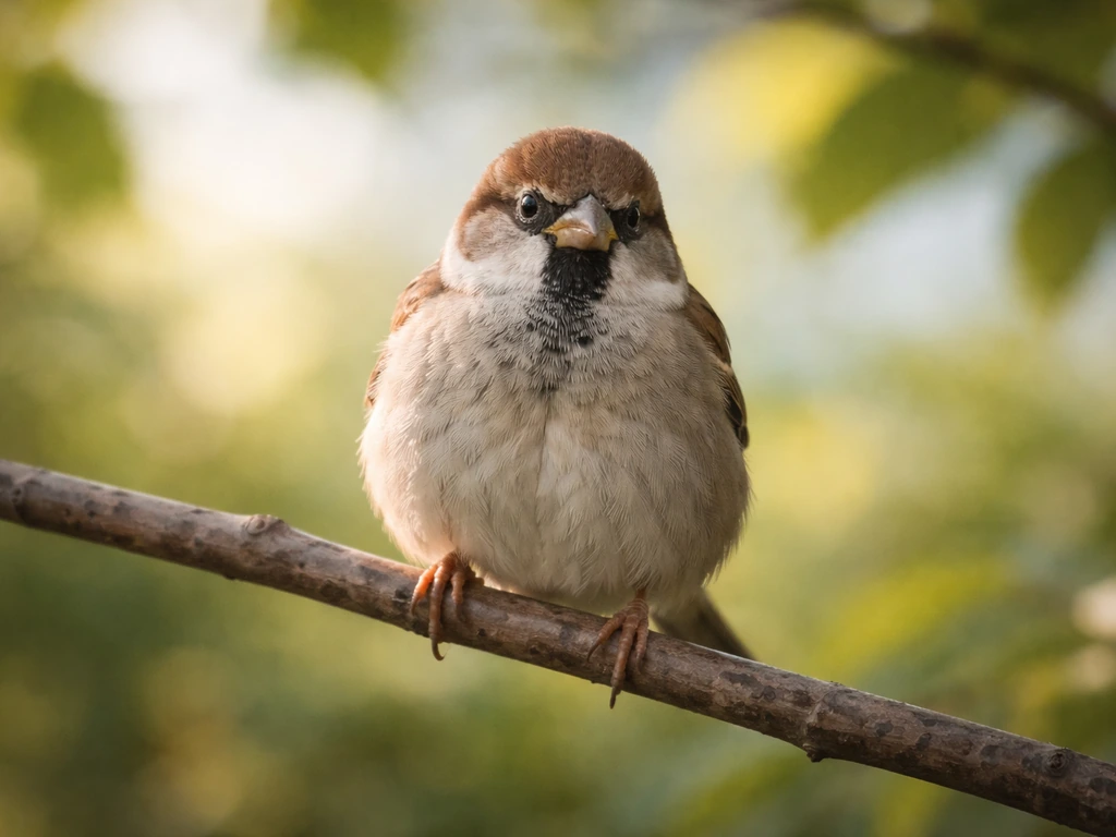 A small sparrow perched on a branch with soft blurred greenery in the background.