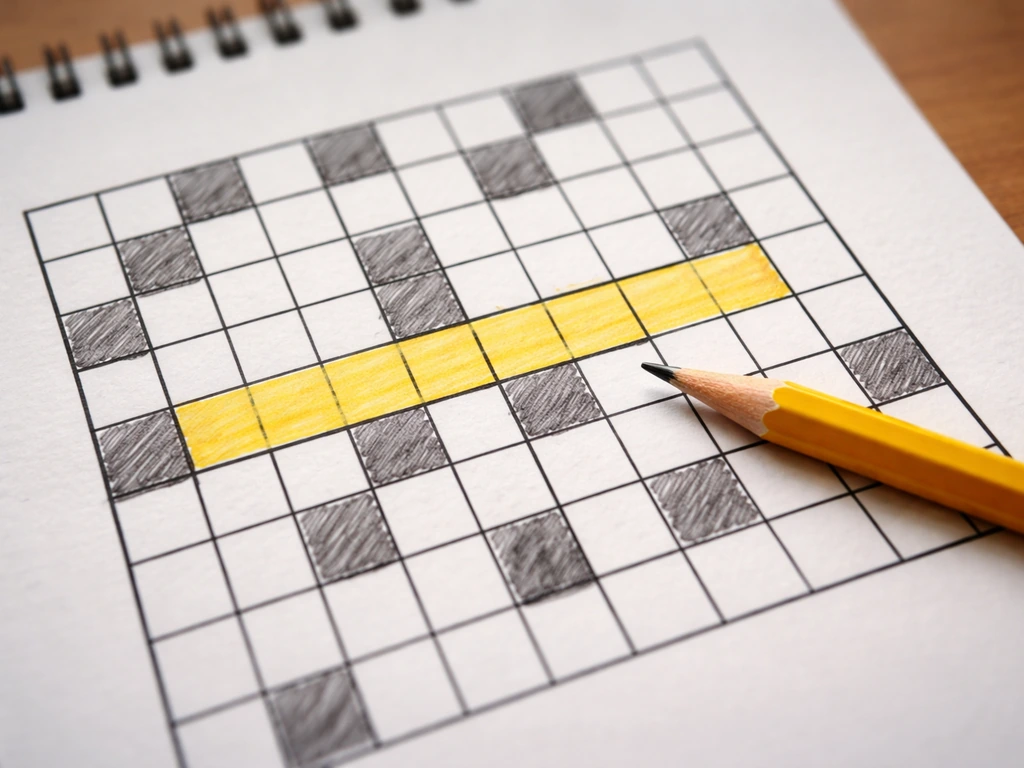 Crossword grid on a notepad with a highlighted 7-letter slot and a pencil nearby.