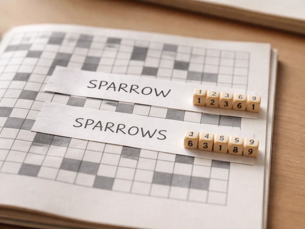 Close-up of “SPARROW” and “SPARROWS” spellings with seven vs eight letter blocks on a puzzle page.