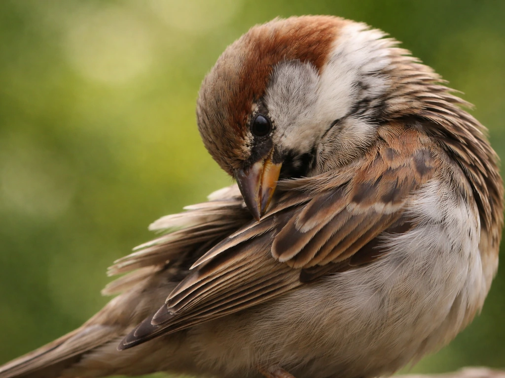 Close-up of a bird preening its feathers with its beak in a clean grooming posture