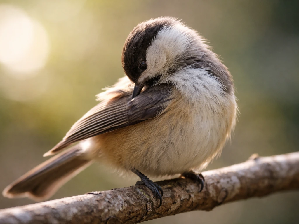 Close-up of a small bird preening, beak gently contacting its feathers in soft natural light.