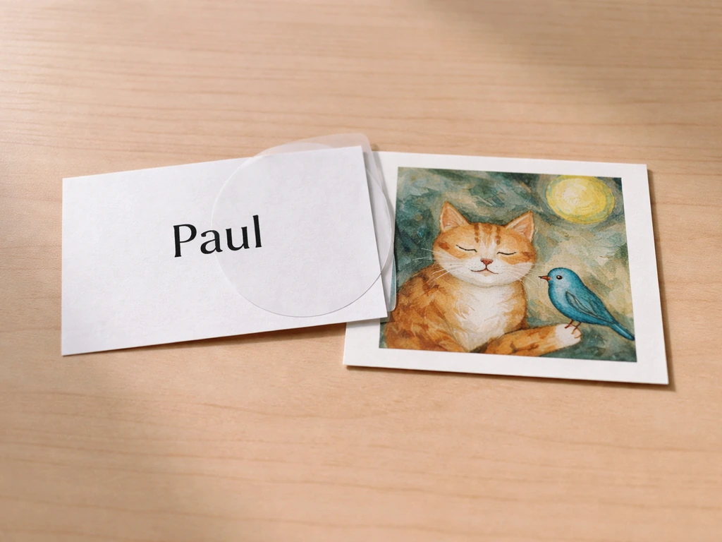 Overlapping cards on a wooden desk showing a name card and an image of a cat and a bird.