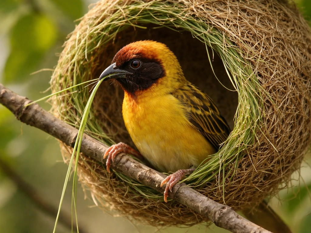 Close-up of a weaver bird weaving nest material into a hanging nest.