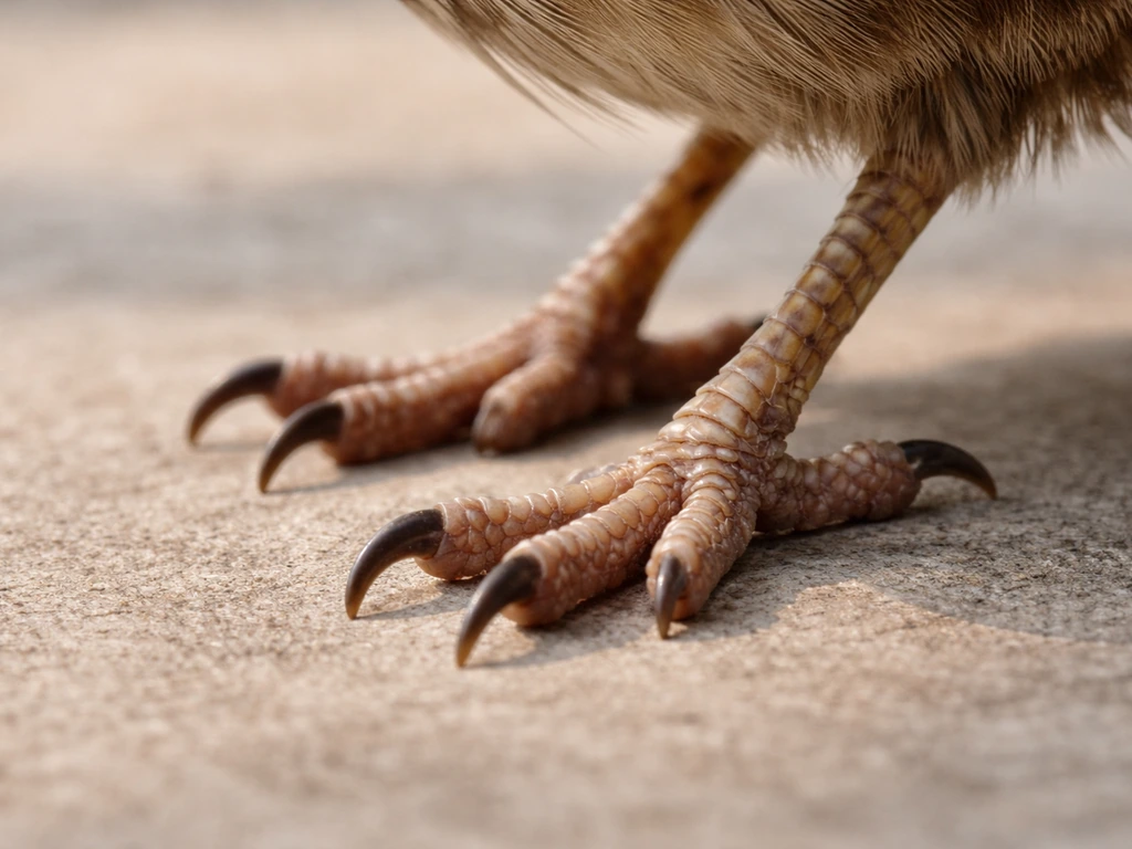 Macro close-up of a bird foot showing toes, curved claw, and ankle/leg segments.