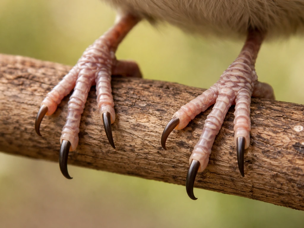 Close-up of a perching bird foot showing toes (digits) and each toe’s curved claw in detail.