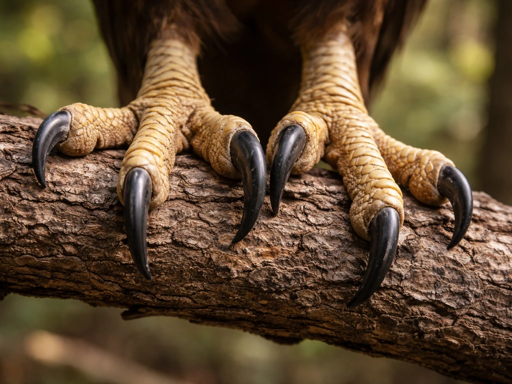 Close-up of raptor talons gripping a rough branch, emphasizing the claw shape and grip.