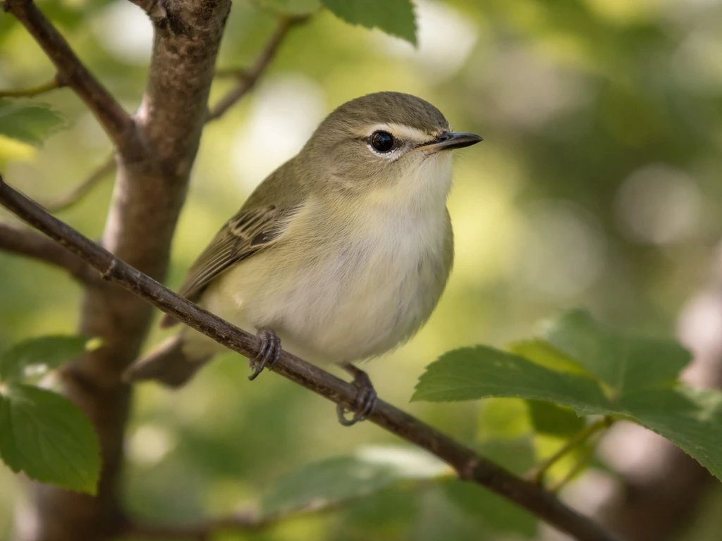 Close-up of a green vireo bird perched on a branch with softly blurred leaves behind it.