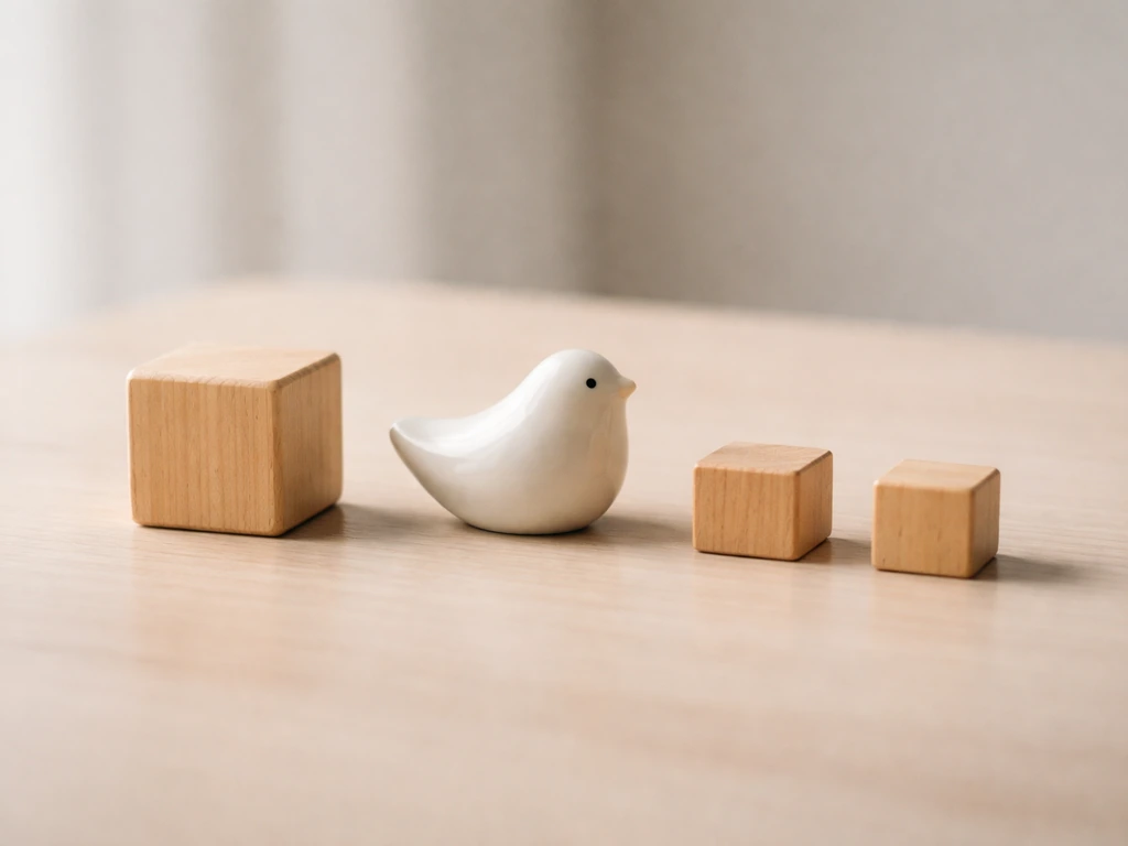 A minimal tabletop photo showing three wooden blocks for syllables, with the first block emphasized for stress.