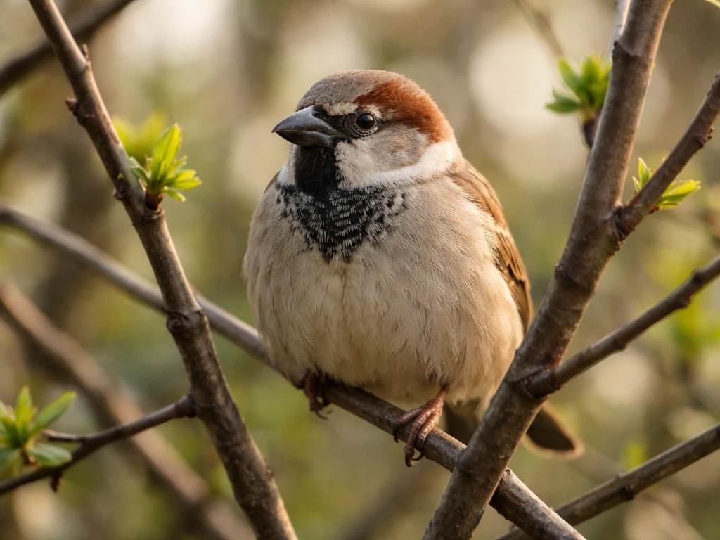 Close-up of a sparrow perched on small branches with soft natural background, hinting at a common bird clue.