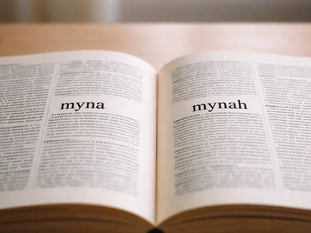 Two open dictionary pages side-by-side showing the words “myna” and “mynah” for a bird name.