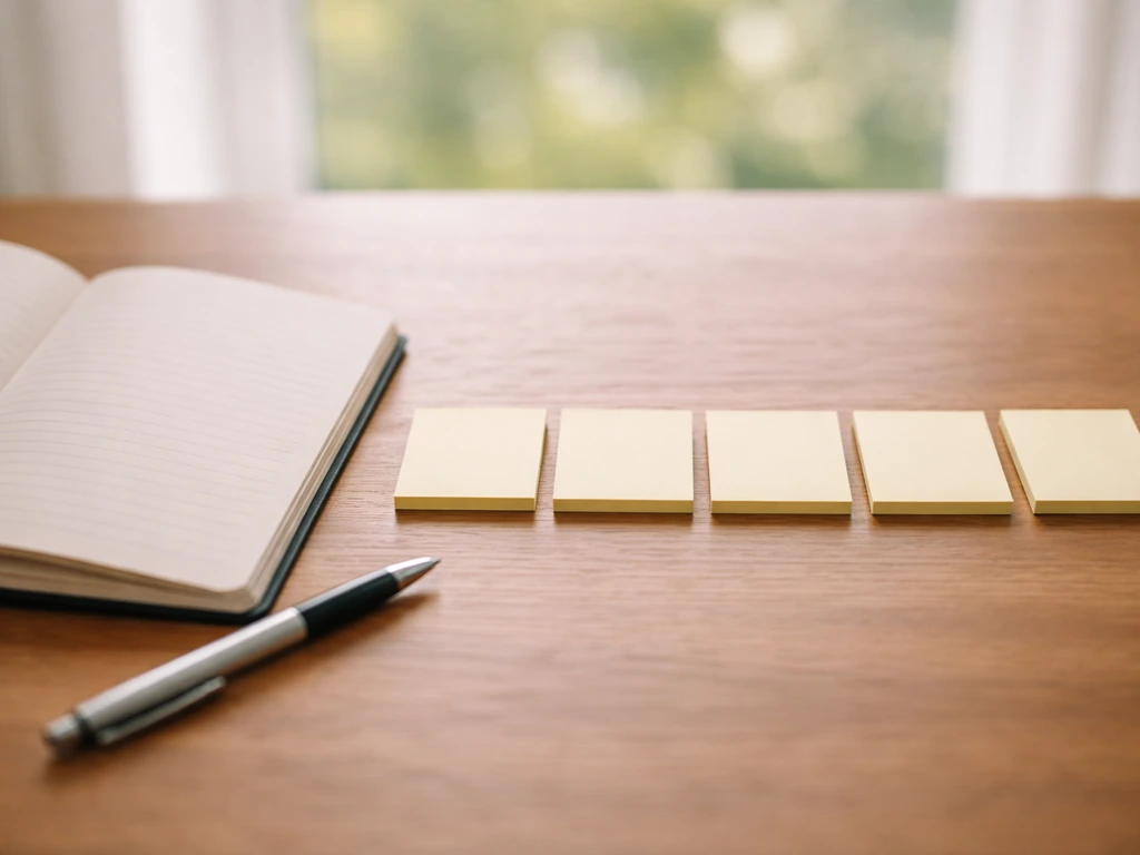 Open notebook and pen on a wooden desk with blank sticky notes suggesting pronunciation practice rhythm.