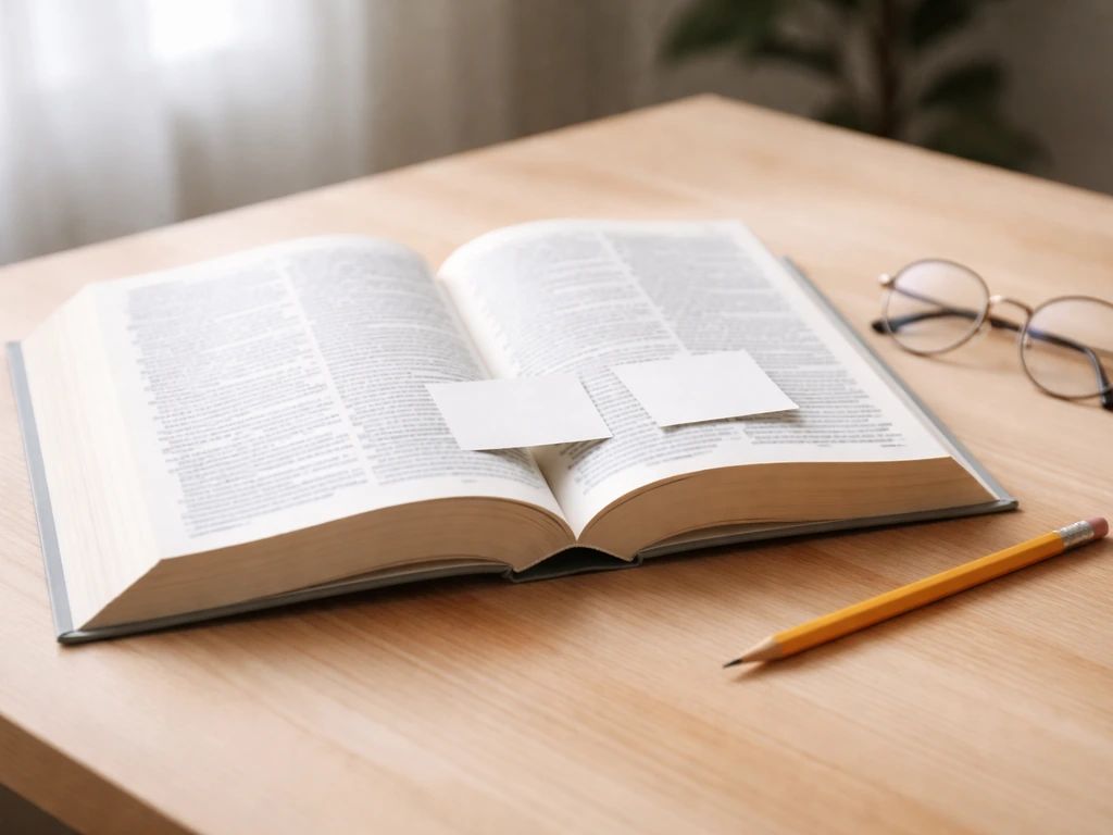 Open dictionary on a wooden table with blank sticky notes and glasses for mispronunciation fixes.