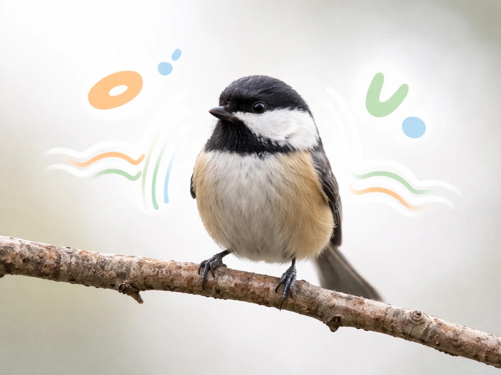 Small songbird perched on a branch with subtle non-text spelling and sound cue overlays.