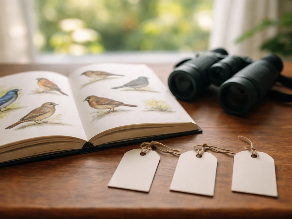 Minimal bird-watching tabletop scene with binoculars and blank field guide, suggesting general-to-specific bird names.