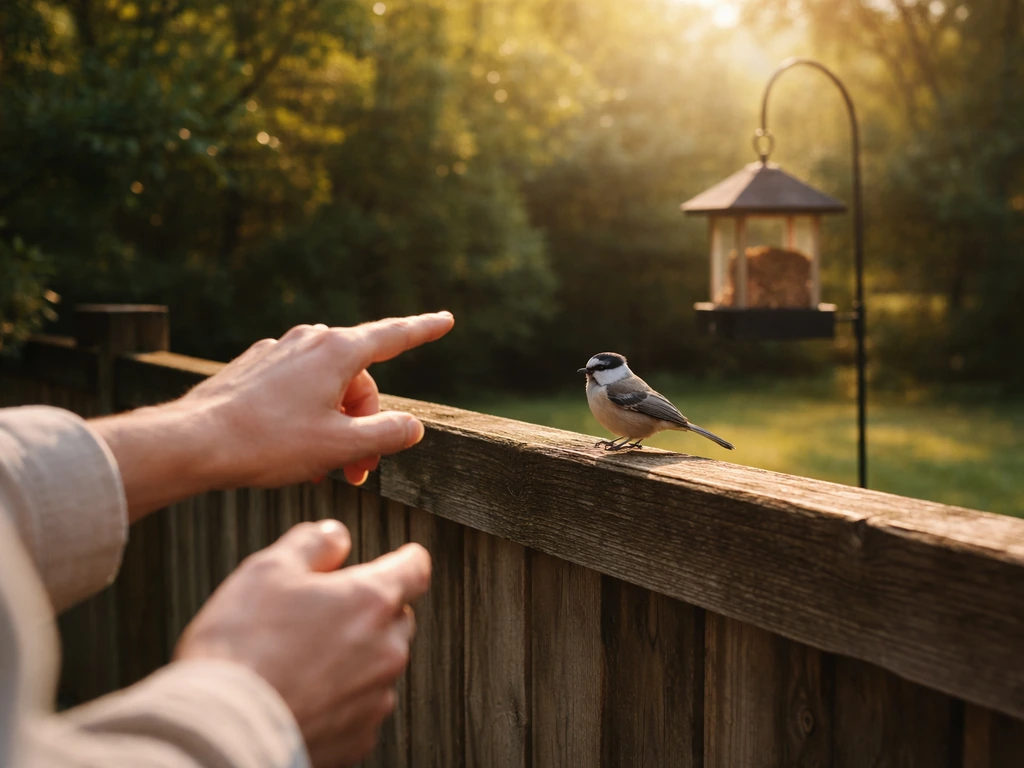 Adult hands point toward a small bird perched on a backyard fence near a bird feeder.