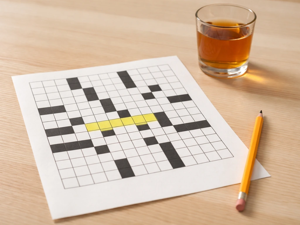 Crossword grid on a wooden desk with a highlighted entry and a small drink glass nearby.