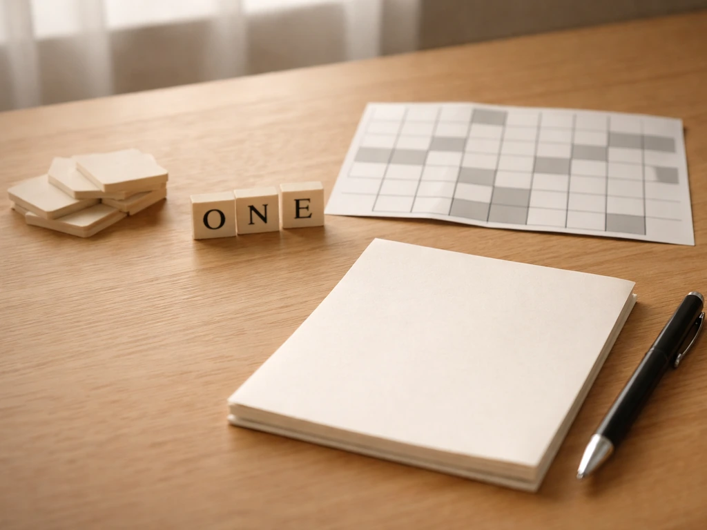 Minimal desk scene with blank paper grid, letter tiles, and a pen suggesting crossword letter mapping.