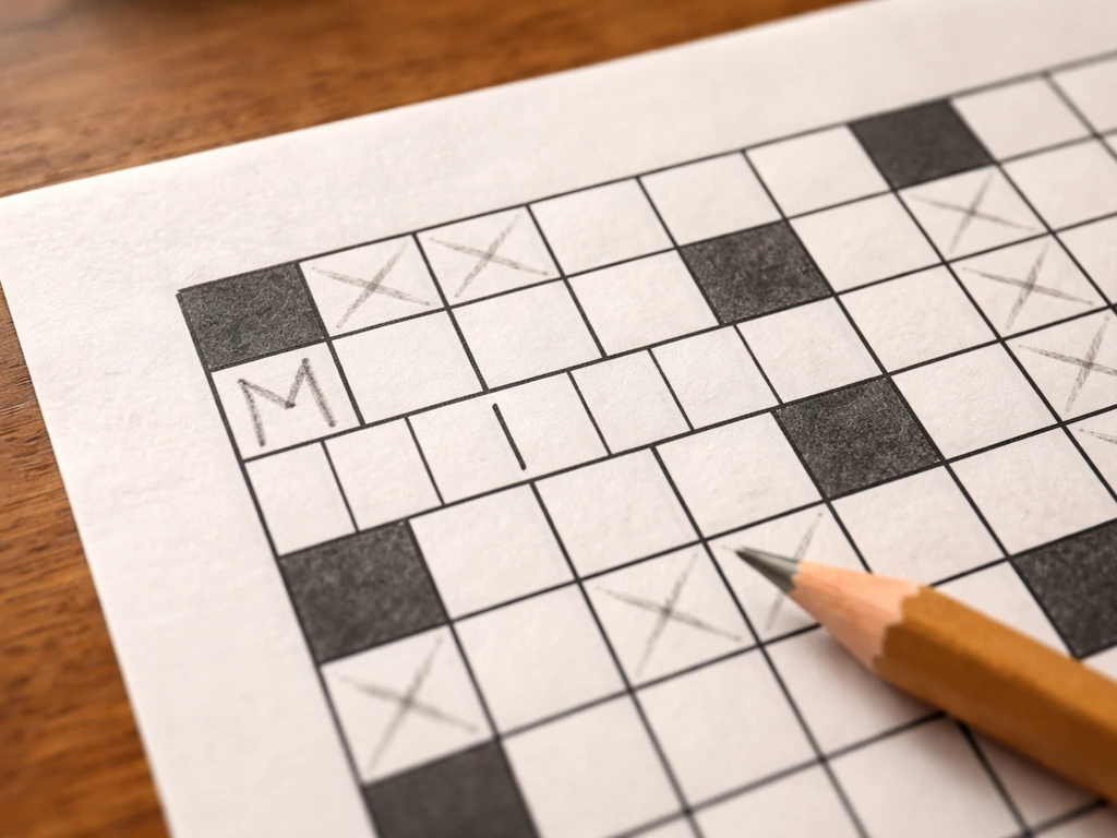 Close-up of a penciled word puzzle grid showing seven squares and crossing letters starting with M.
