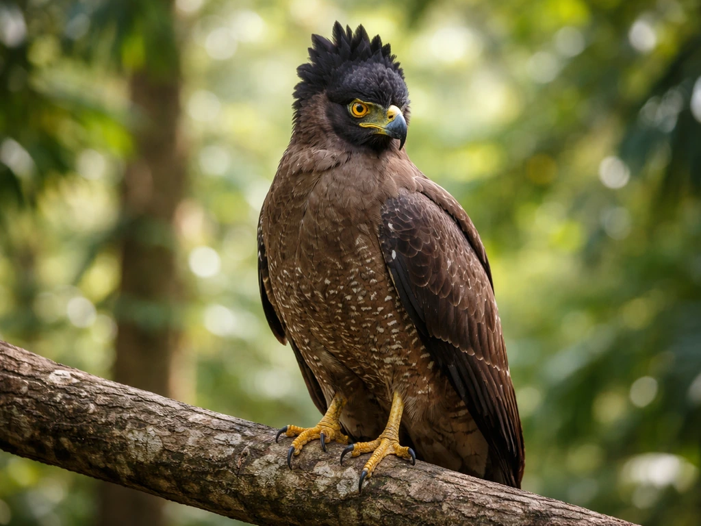 Crested serpent-eagle perched on a branch with a subtle tropical woodland backdrop.
