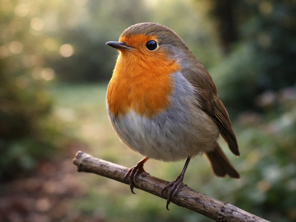 A European robin perched on a twig in natural morning light, softly blurred garden background.
