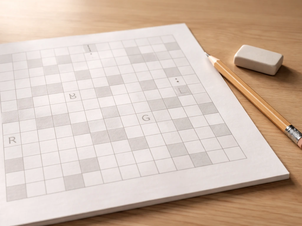 Minimal tabletop crossword grid with pencil and scattered bird first-letter strokes