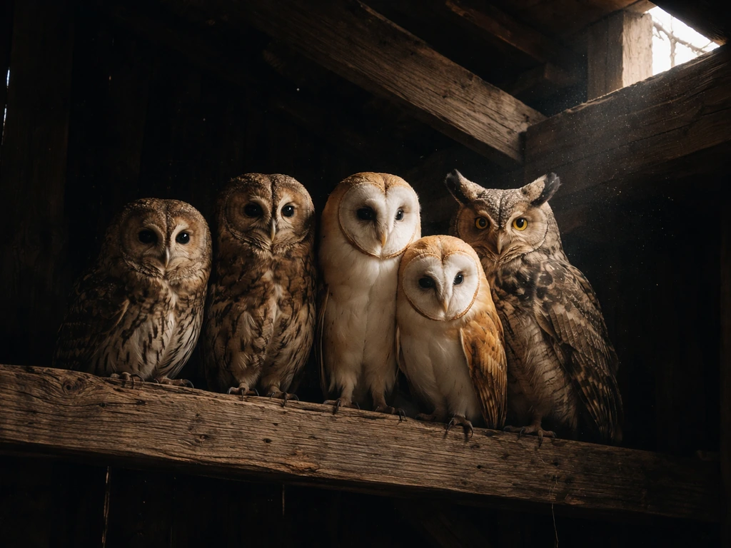 Several owls perched together on dark barn rafters in a dim woodland scene.
