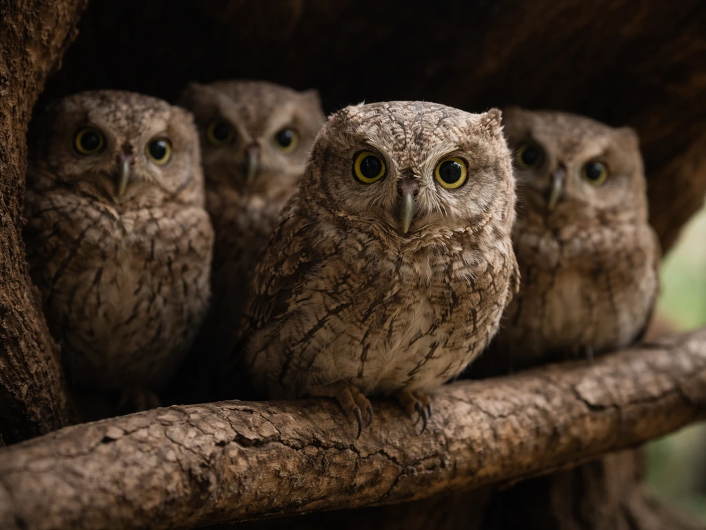 Close-up of multiple owls clustered on a branch, roosting together in a dim woodland hollow.