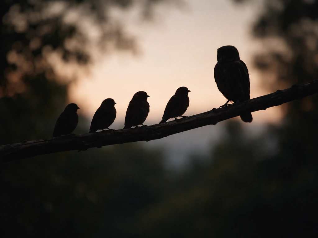 Minimal scene showing a small group of birds perched with owl-like silhouettes in a quiet dusk setting