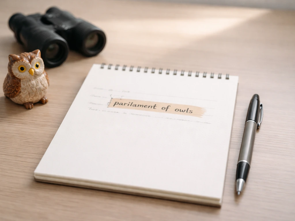 Minimal desk scene with a pen, notepad, and small owl items; “parliament of owls” highlighted on paper.