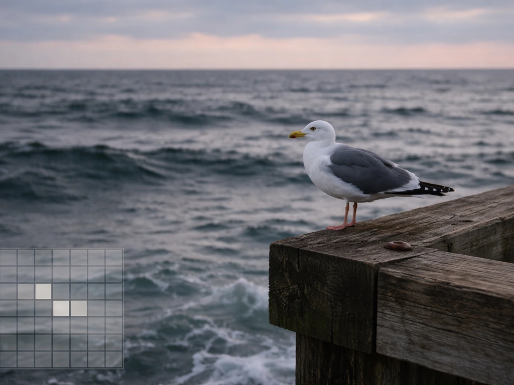 Seagull on a pier above choppy water with a faint crossword grid overlay and a few highlighted squares