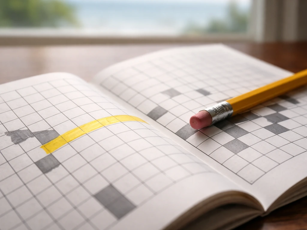 Close-up of an open crossword puzzle with one clue highlighted and a few blank squares beside it.