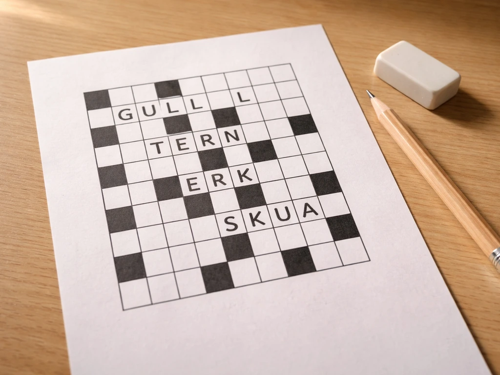 Close-up crossword worksheet with filled-in seabird answers on a wooden desk under natural light.