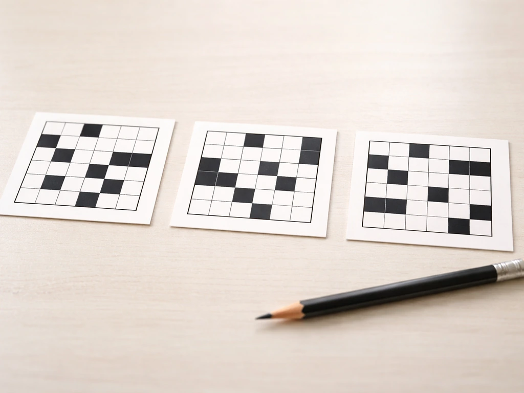 Three minimal crossword grids on a tabletop with a pencil, showing distinct letter-box patterns.