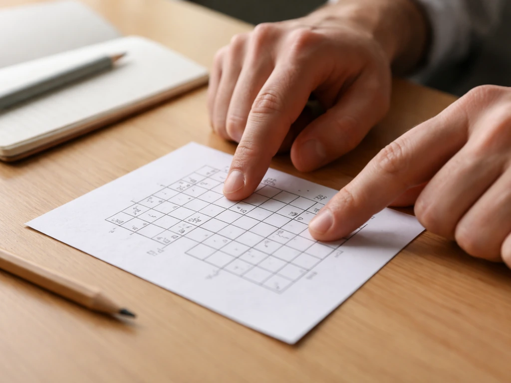 Hands pointing at a simple crossword-like grid with notes about counting squares and vowels