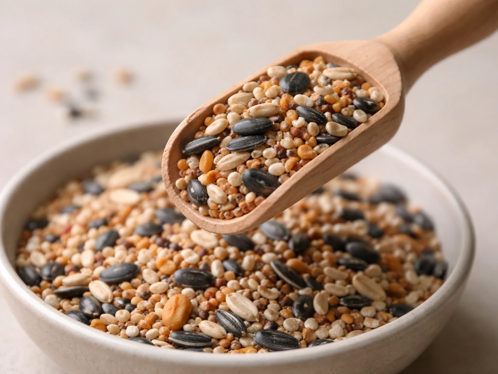 Close-up of birdseed in a wooden scoop over a plain bowl, clearly showing one-word birdseed.