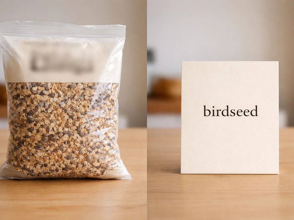Side-by-side birdseed packaging and a dictionary card showing “birdseed” as one word.
