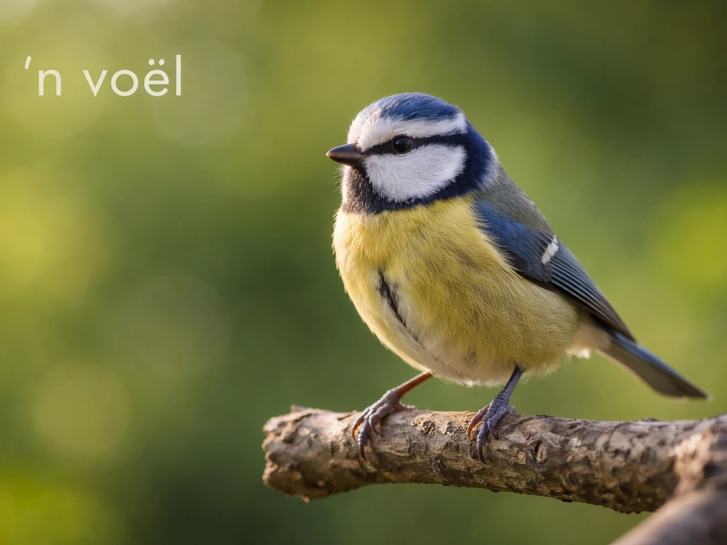 A small bird perched on a branch outdoors with a subtle overlay showing the Afrikaans word “voël”.