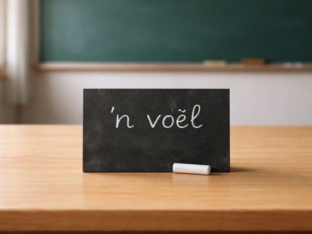 Chalkboard-style card showing “’n voël” with clear lowercase Afrikaans typography