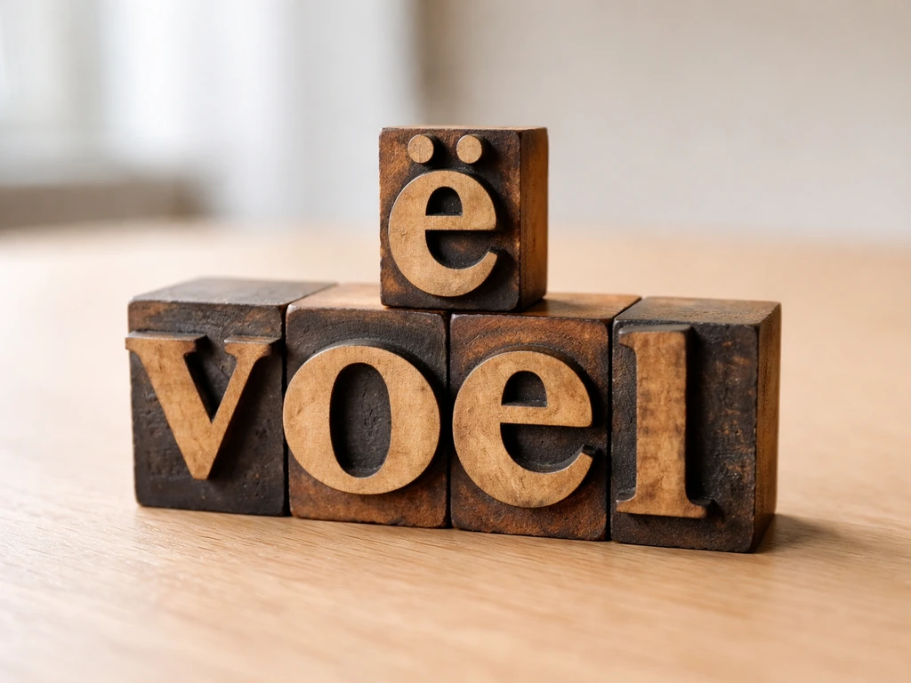 Close-up of letterpress characters showing the highlighted “ë” with diaeresis next to “v” and “oel” pieces.