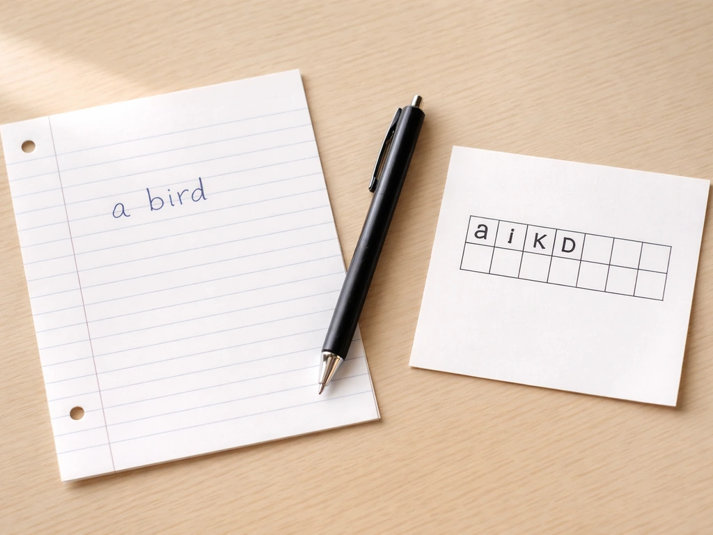 Two close-up writing examples: a bird name on lined paper and the same in a plain grid-like puzzle area.