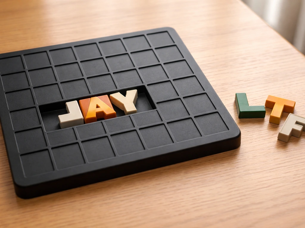 Close-up of a simple grid puzzle on a wooden desk with a 3-cell slot filled with bird-name tiles.