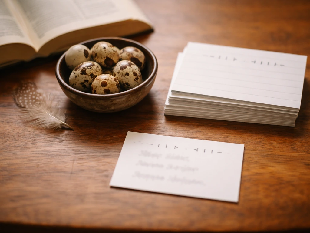 Warm photo of an open dictionary and quail-themed items on a wooden table, with blurred spelling cards.