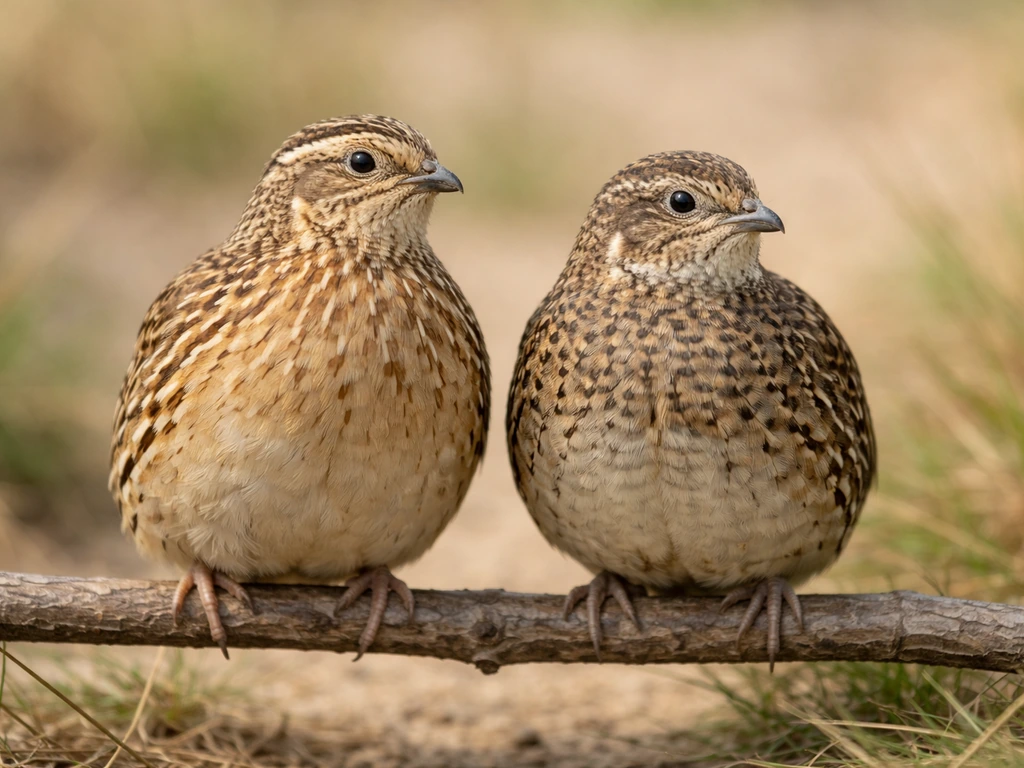 Two realistic quail perched side by side on a twig, illustrating common mix-ups without text.