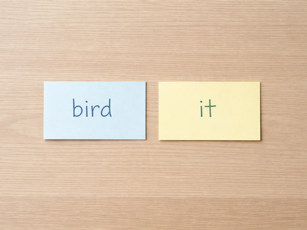 Two color-coded cards side by side on a table showing a noun-like word and a pronoun-like word.